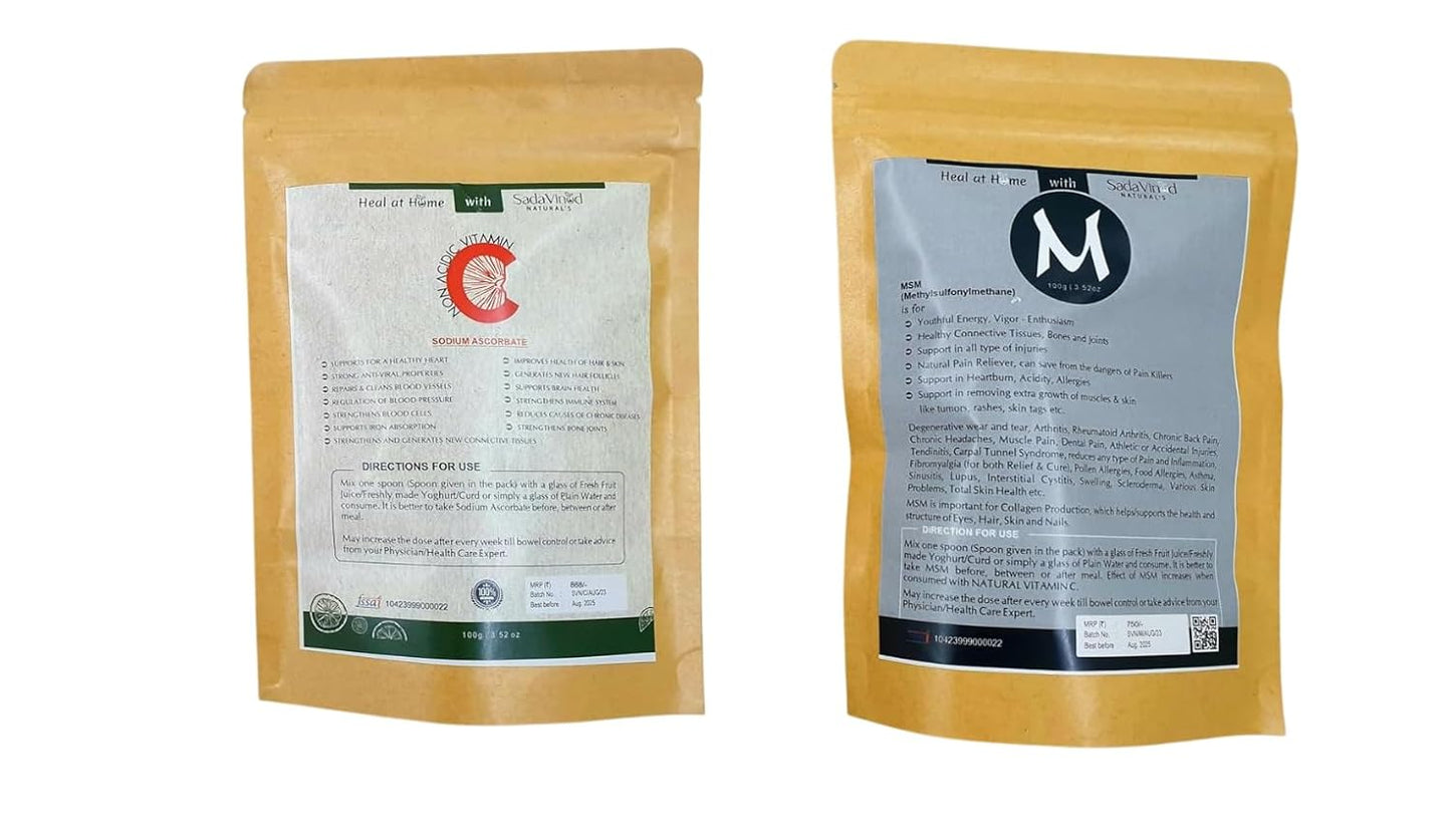 Methylsulfonylmethane (MSM) & Ascorbate Vitamin C Powder Combo – Joint Support, Immune Boost, Antioxidant, Skin & Hair Health (Sodium 100 Gm +MSM 100 Gm)