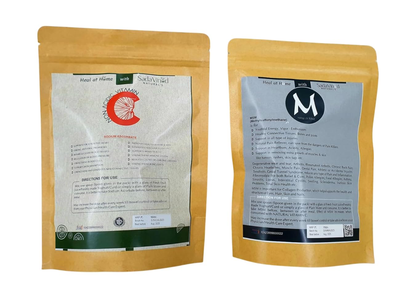Methylsulfonylmethane (MSM) & Ascorbate Vitamin C Powder Combo – Joint Support, Immune Boost, Antioxidant, Skin & Hair Health (Sodium 200 Gm +MSM 100 Gm)